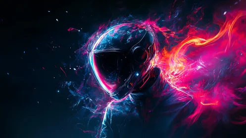 Neon-ignited astronaut silhouette dissolves into chromatic plasma