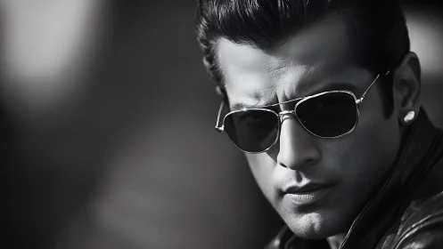 High-contrast monochrome portrait with shallow depth of field and rim-lit sunglasses