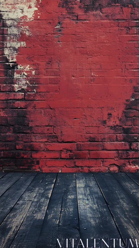 Red painted brick wall above dark wooden floorboards.