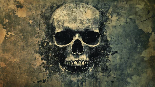 Textured monochrome skull illustration on distressed wall.