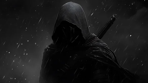 Hooded shadow warrior stands alone in stormy darkness.
