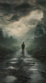 Lone wanderer walks a quiet road under stormy, brooding skies.