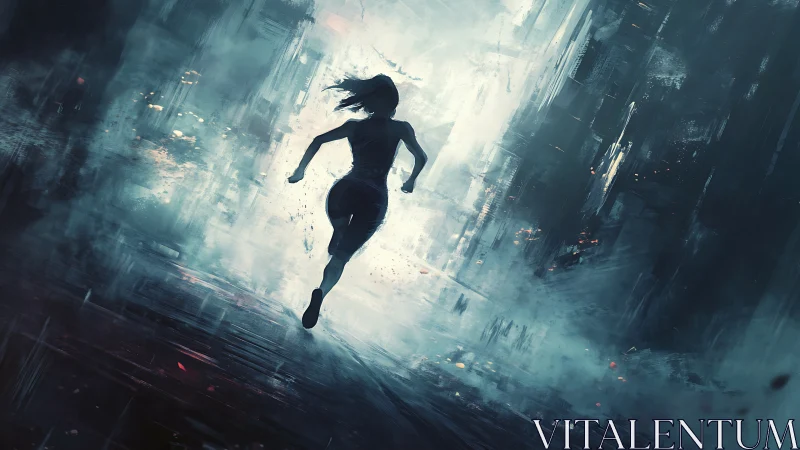 Silhouetted figure runs through misted urban passage