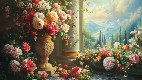 Ornamental Urn with Floral Arrangement in Neoclassical Interior Setting