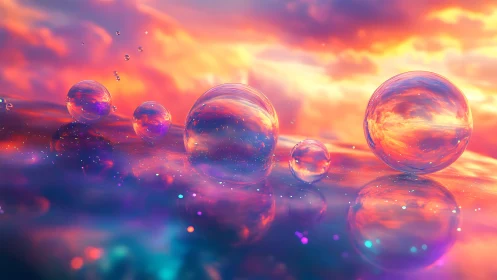 Iridescent glass orbs over neon sunset horizonscape.