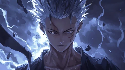 Stormlit silver haired anime antihero portrait with blue energy