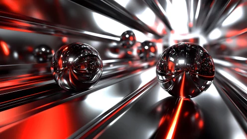 Reflective metallic spheres in red illuminated abstract tunnel.