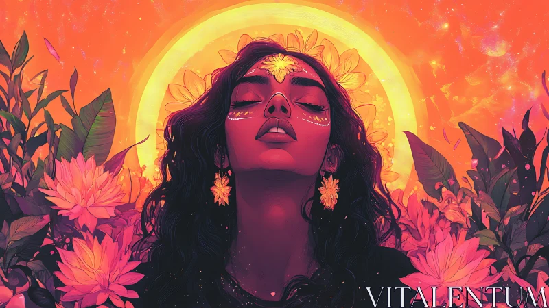 Solar crowned portrait in neon florals and radiant halo glow.