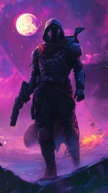 Armored hooded figure with rifle on neon alien landscape.