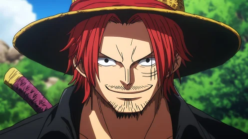 Red-haired swordsman portrait under broad-rimmed hat lighting.