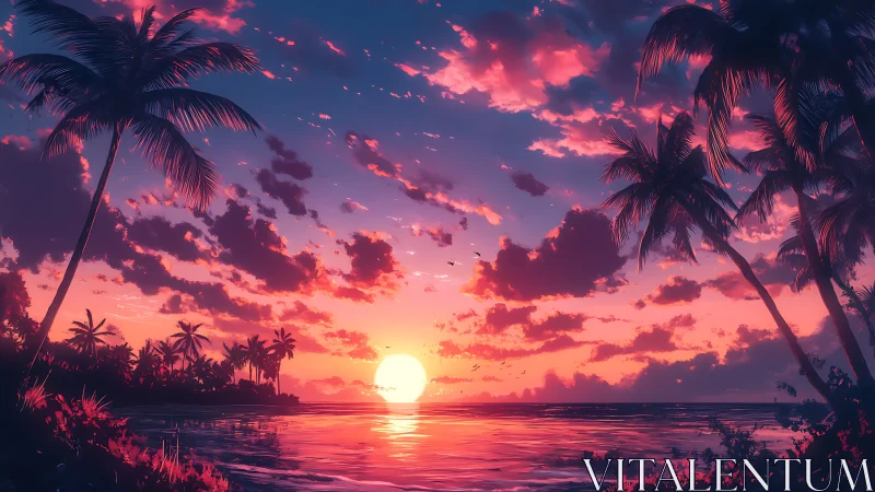 Tropical sunset ignites palm-framed horizon over sea.