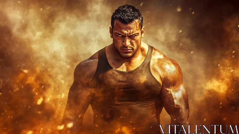 Muscular warrior emerges from fiery dust in high-impact digital art