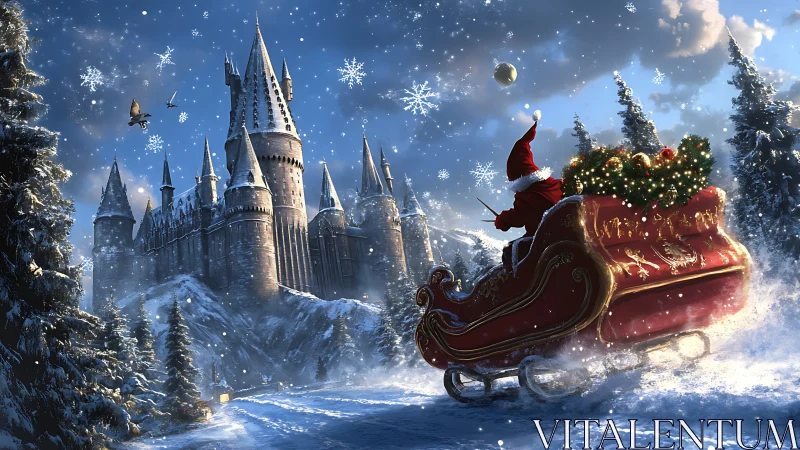 Digital painting of winter castle arrival with festive sleigh.