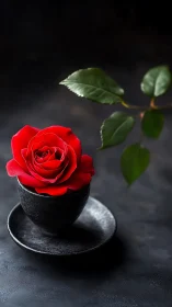 Crimson Rose Rests in Midnight Stone Vessel.