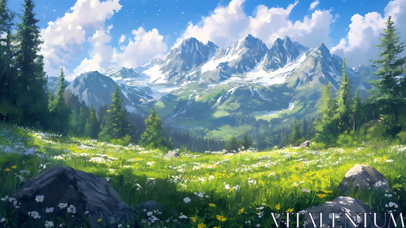 Sunlit alpine meadow opens toward snow-capped mountain range.