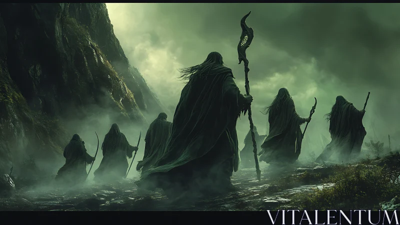Hooded necromancer procession crossing misted ravine pass