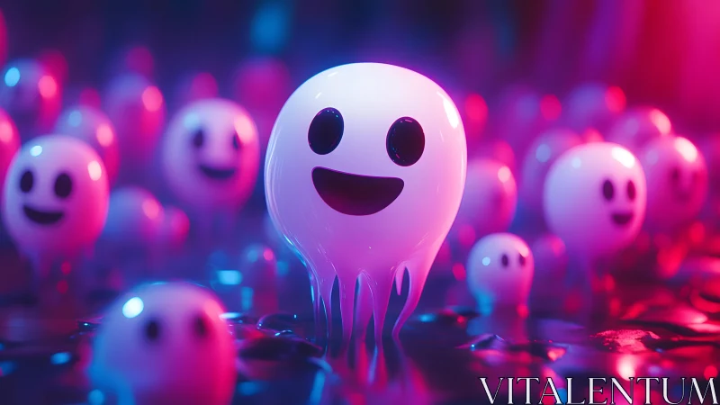 Glowing Happy Ghost Characters in Neon Cartoon Style Illustration.