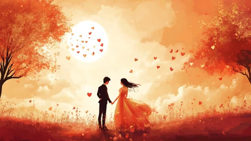 Couple in Autumn Field Under Luminous Moon with Floating Hearts.