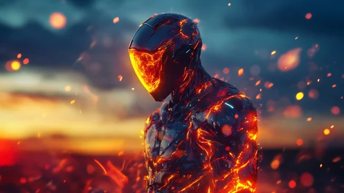 Lava-like humanoid in reflective armor against dusk sky.