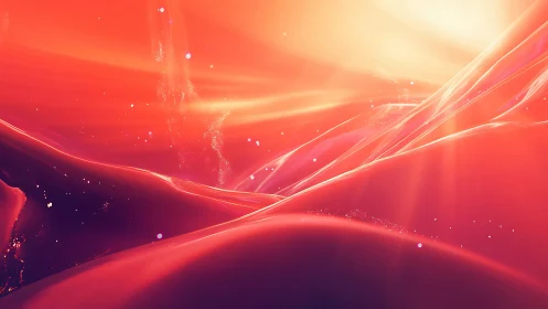 Radiant molten waves flow beneath a glowing cosmic sunrise.