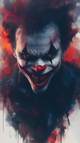 Psychotic clown portrait in volatile chromatic turbulence.