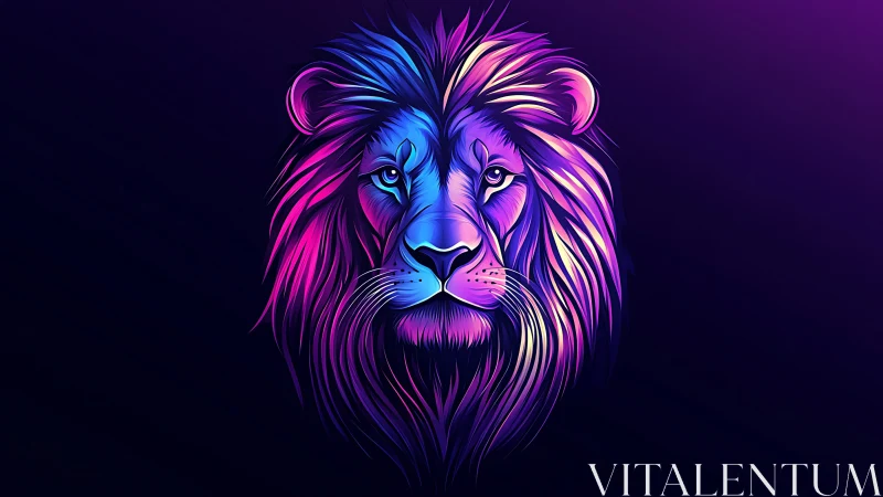 Neon gradient lion portrait on dark violet background.