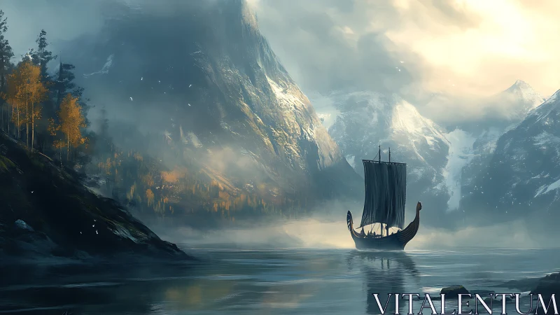 Mist-draped fjord cradles a lone Viking ship in silver dawn