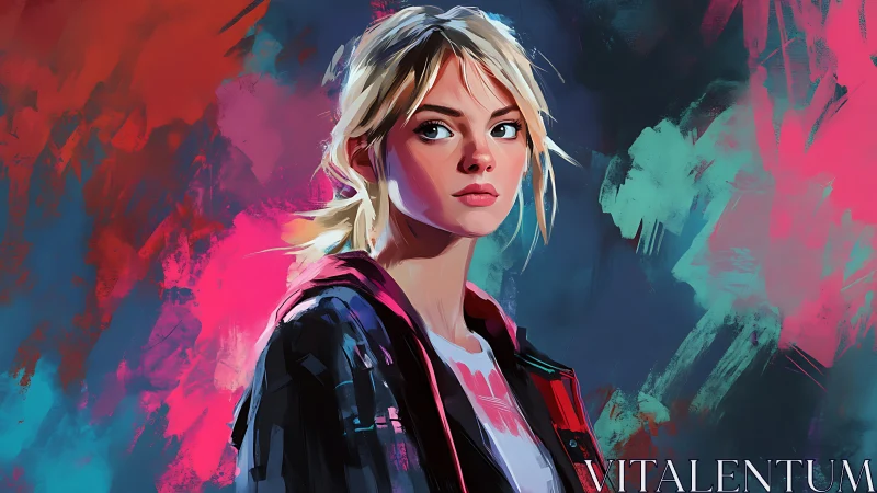 Portrait of a thoughtful girl in vivid neon colors.