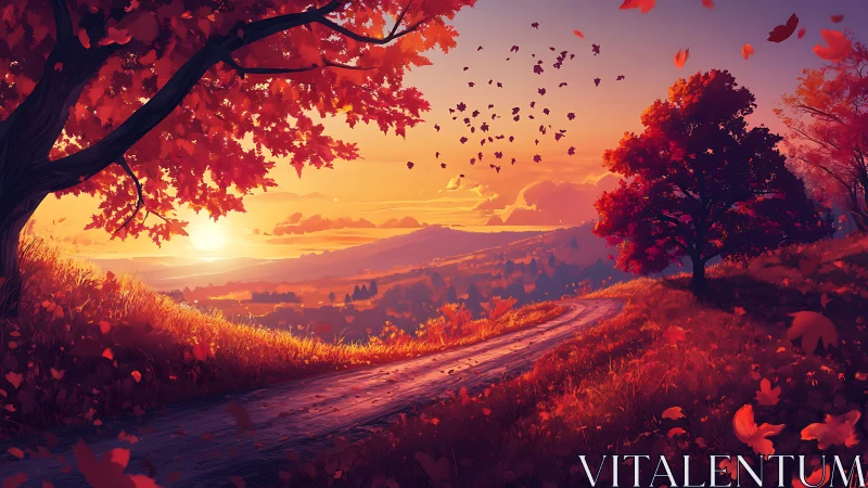 Autumn hillside road under radiant sunset sky panorama.