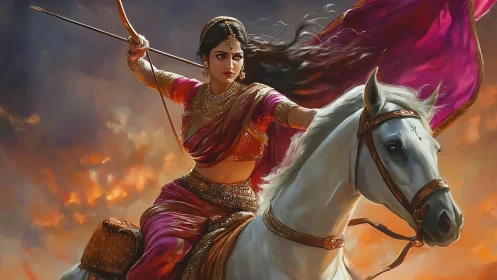 Fierce Warrior Woman on White Horse in Vibrant Digital Art Style.