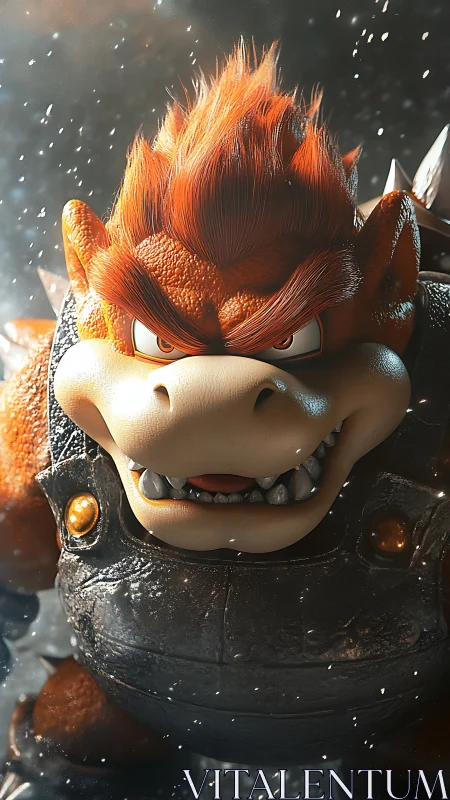 Fiery armored reptilian boss in cinematic 3D close-up portrait.