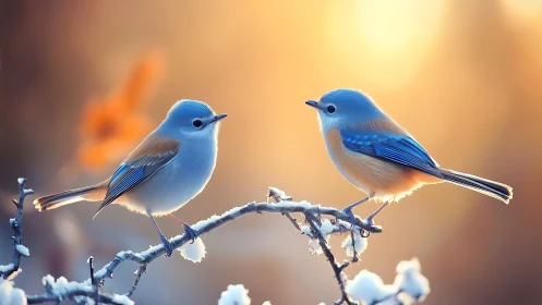 Two Blue and Orange Birds on Snowy Branch at Sunrise, Soft Focus.