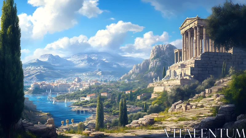 Sunlit mythic harbor beneath towering marble temples.