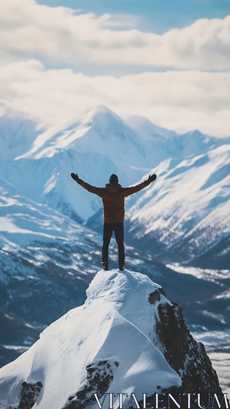 Hiker stands on snowy mountain peak facing distant ranges