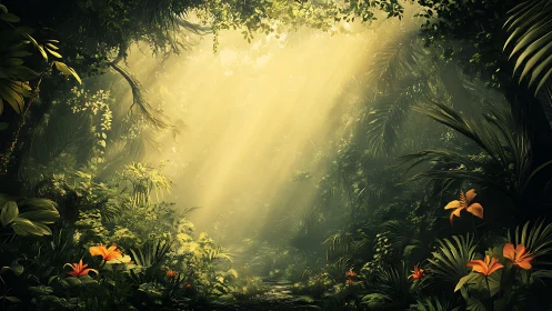 Luminous jungle glade with volumetric light and orange blooms.