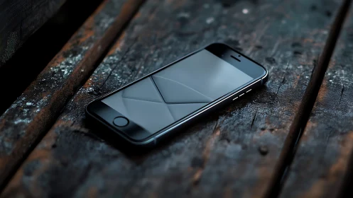 Smartphone lying on worn wooden surface in soft focus.