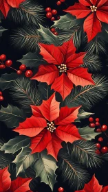 Red poinsettias glow amid deep green festive foliage