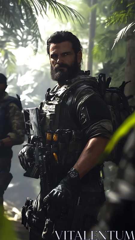 Tactical soldier with rifle standing alert in dense jungle.