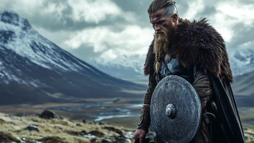 Brooding Viking warrior in stormy Nordic mountain valley.