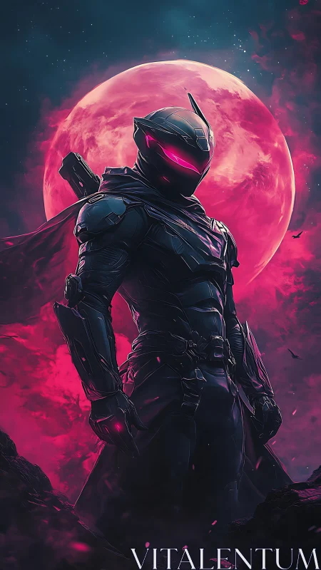 Cyberpunk lunar sentry in magenta backlit armor composition.