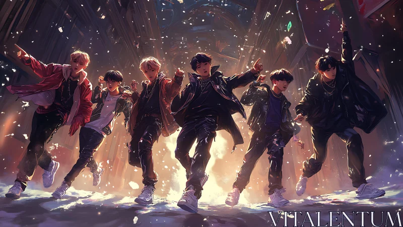 Dynamic street dance lineup in cinematic digital painting style.