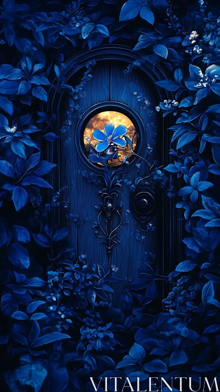 Nocturnal floral portal with luminous window and ornate ironwork.