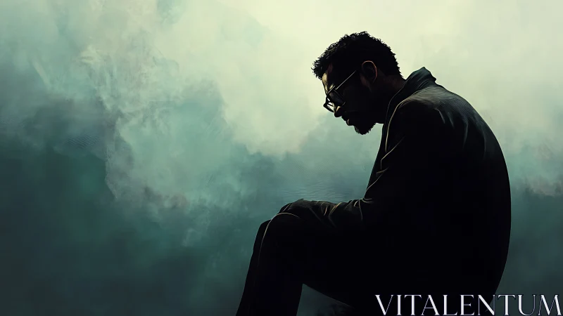 Quiet silhouette in teal fog, where thoughts grow softer.