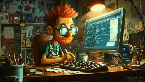 Digital painting portrays quirky programmer at cluttered desk.