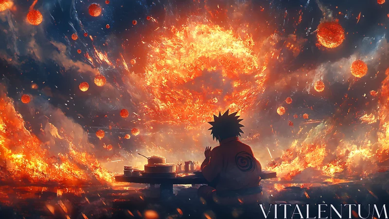 Silhouetted figure at table before fiery celestial sky.