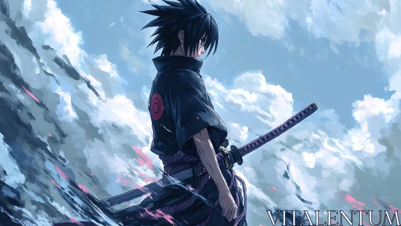 Stormlit swordsman gazes over shattered sky currents.