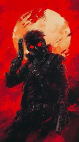 Midnight gunslinger under a blazing crimson moon.