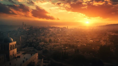 Golden sunset bathes a historic Middle Eastern cityscape in haze