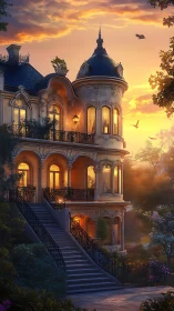 Romantic villa glows beneath a luminous sunset sky.