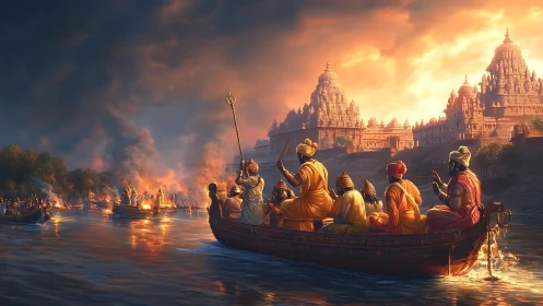 River of flames and prayers before sunrise temple citadels.